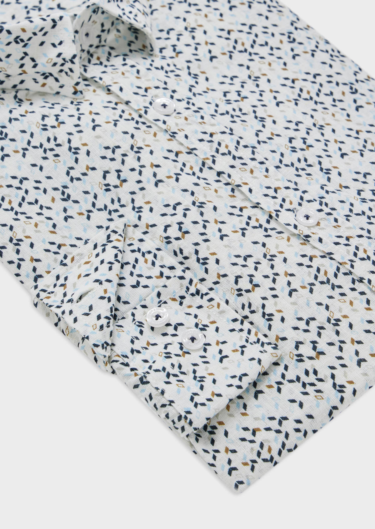 Chemise sport Slim en lin blanc à motif fantaisie bleu et marron