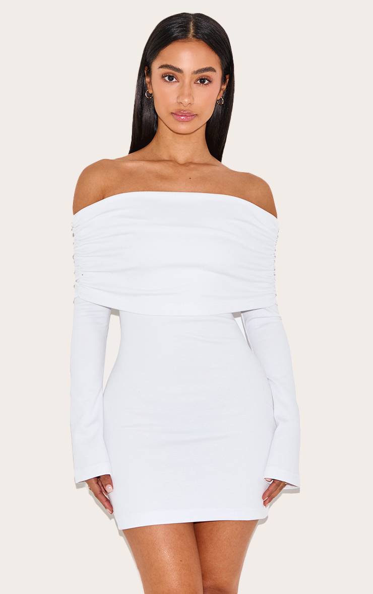 Blanc Robe Courte Moulante Petite Taille À Encolure Bandeau Drapée Et Manches Longues