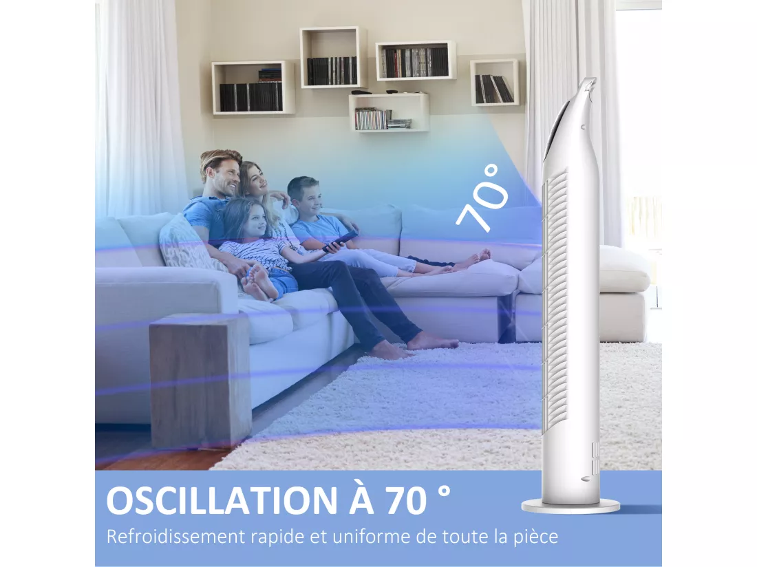 Ventilateur colonne tour oscillant silencieux 40 W télécommande panneau contrôle tactile 3 vitesses Ø 18 x 78H cm blanc