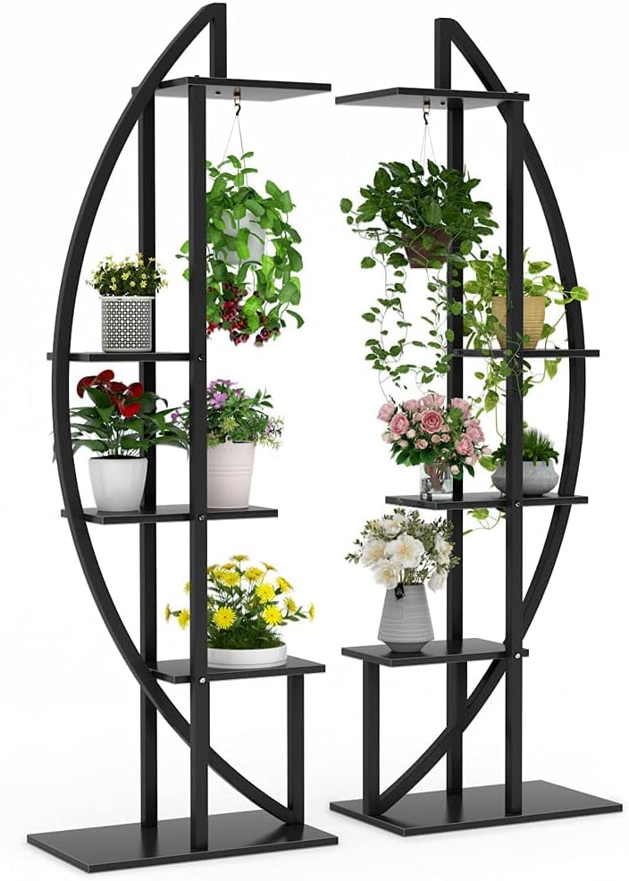 Tribesigns Blumenständer, 2 Stück Pflanzenregal mit 5 Ebenen und 2 Haken, 160cm Hoch Pflanzenständer Metall Blumenregal für Indoor Balkon Boden Blumentreppe Wohzimmer (Mattschwarz)