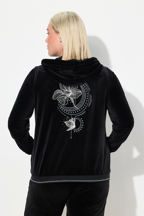 Samt-Sweatjacke, Blüte, Kapuze, Glitzerstreifen-Bündchen