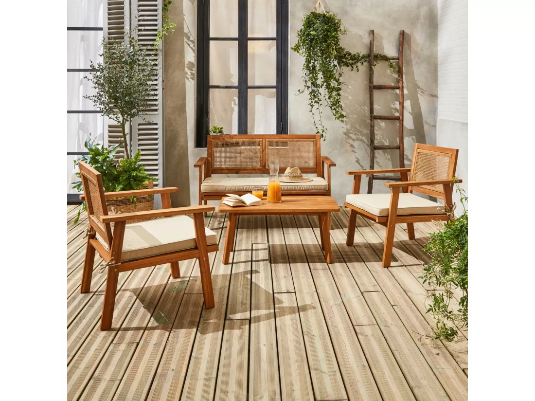 Salon de jardin. Bohémia. cannage carré. canapé 2 places. 2 fauteuils. 1 table basse 117x64x74 cm