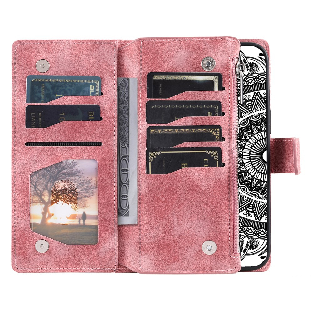Samsung Galaxy S25 FE Leder Tasche Flip Cover mit Reissverschluss - Mandala Flowers Imprint - Roségold