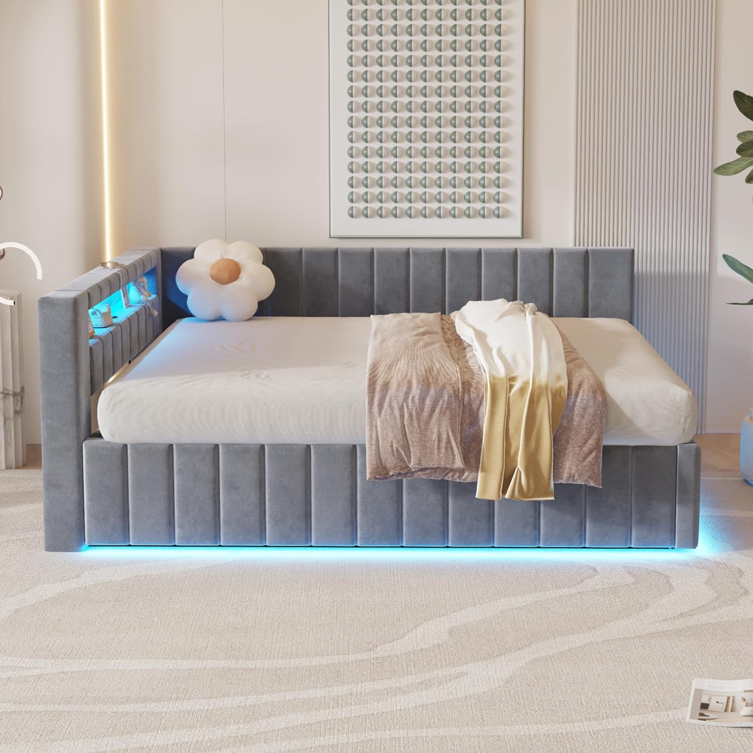 Polsterbett Schlafsofa 140x200, Doppelbett mit Hydraulischem Stauraum, mit LED-Licht und USB-Ladefunktion, Tagesbett Jugendbett mit Lattenrost, Samtstoff, ohne Matratze, Grau BN1838502