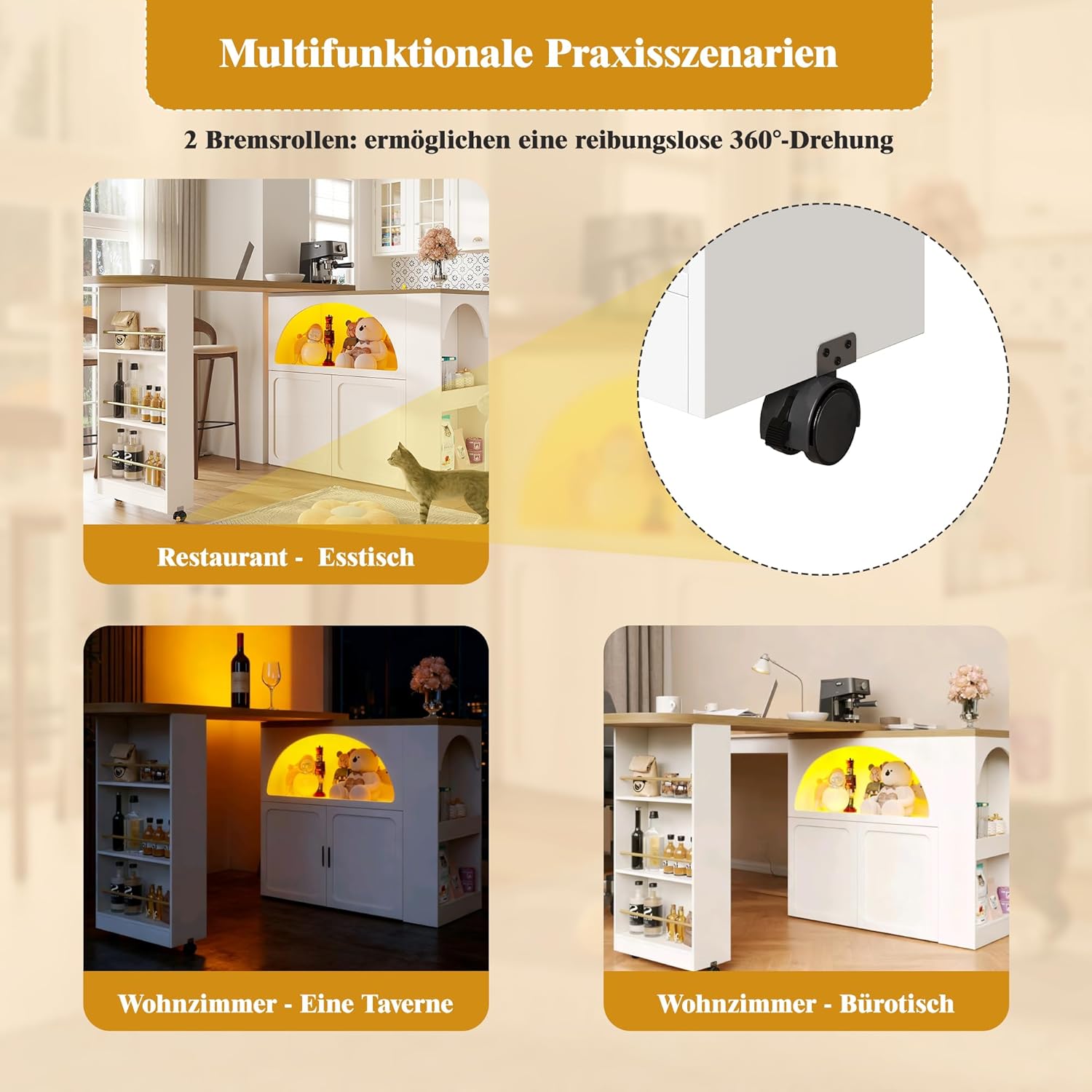 Bladez Ausziehbarer Bartisch mit Stauraum, Moderner Beweglicher Bar Table mit Rollen, Teleskopischer Bartisch mit LED Hochtisch Kücheninsel, Drehbares Sideboard Essbar(C-Weiß LED)