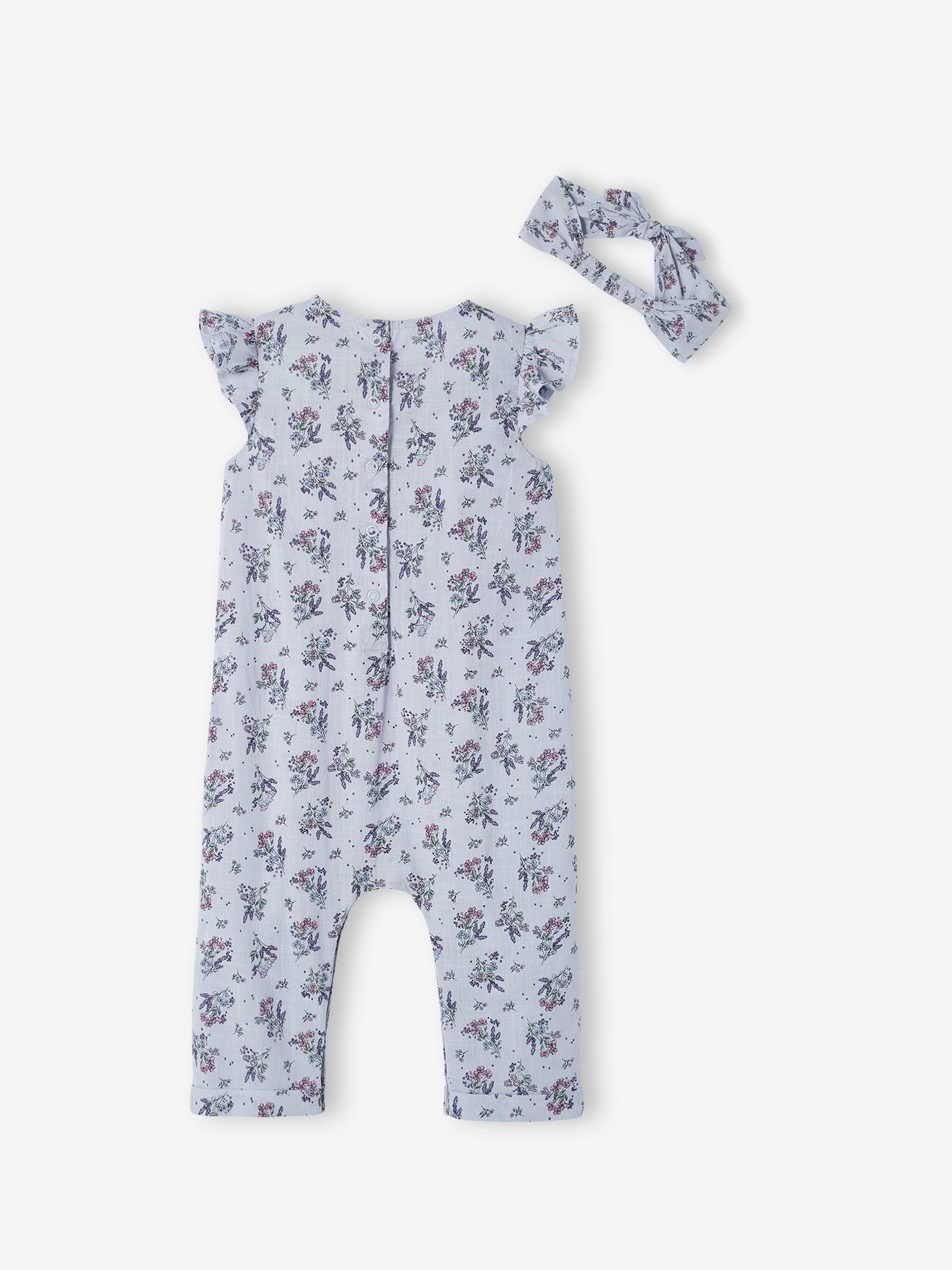 Conjunto de macacão e faixa de cabelo estampados para bebê menina, estampa verde média.