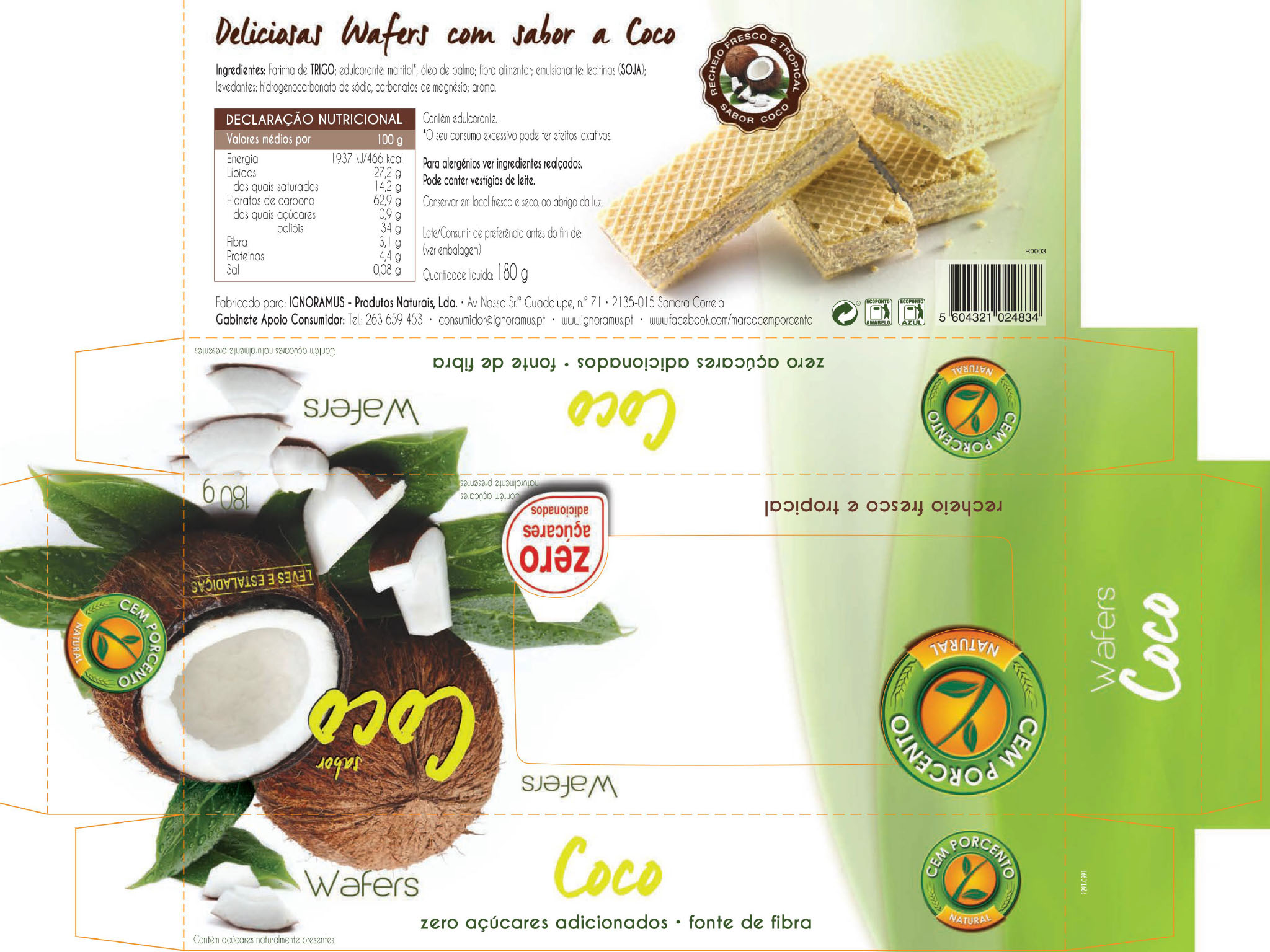 WAFER CEM PORCENTO CÔCO SEM AÇÚCAR 180G