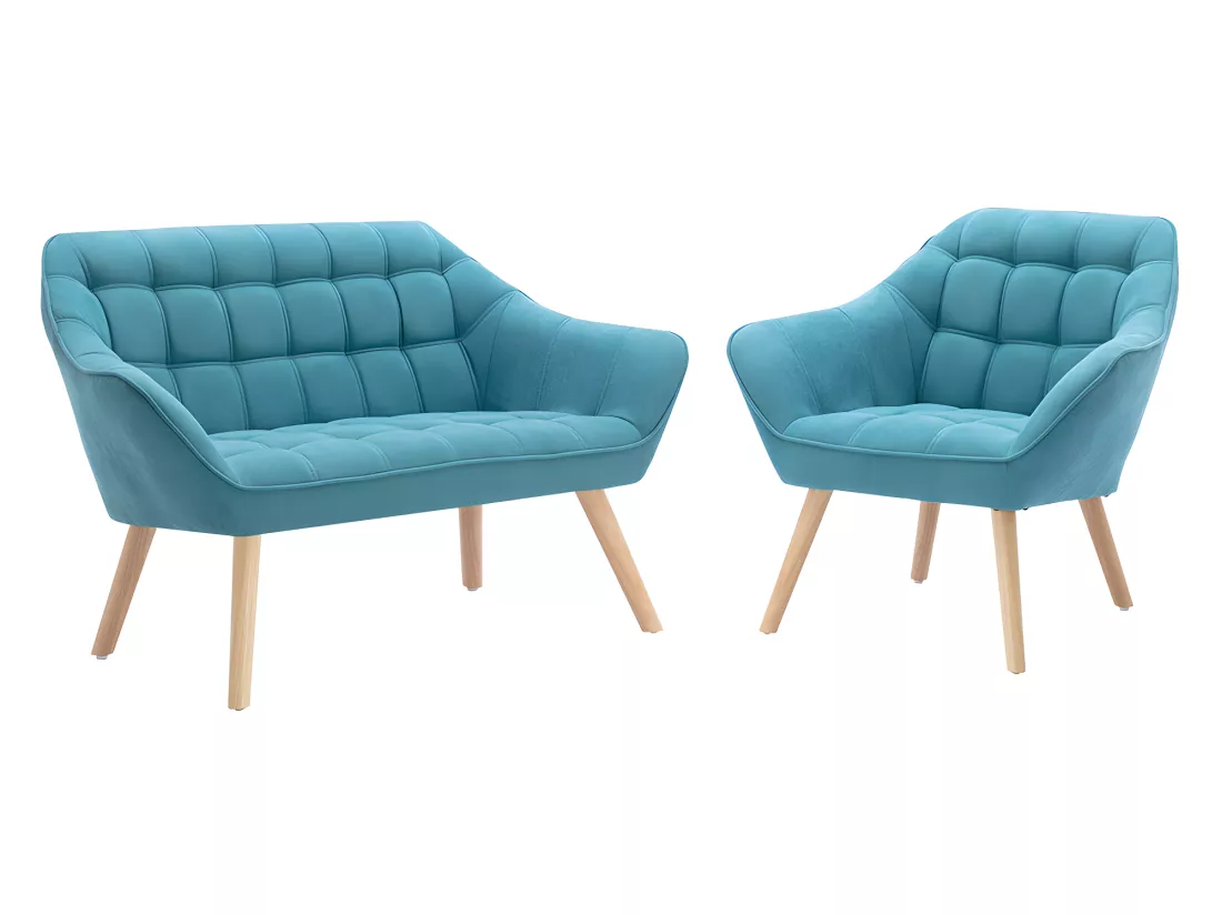 Canapé 2 places et fauteuil en tissu bleu CASERTA