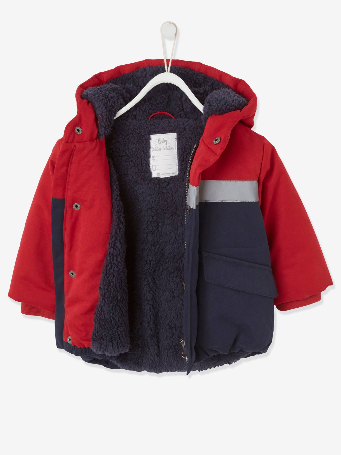 Jaqueta acolchoada colorblock para bebê menino, lisa em vermelho escuro com estampas.