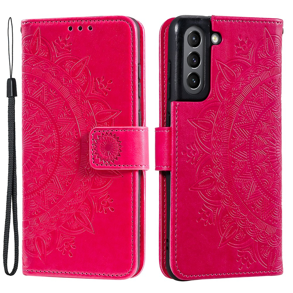 Samsung Galaxy S21 FE 5G Leder Tasche Wallet - Mandala Flowers Imprint - Rot / Pink