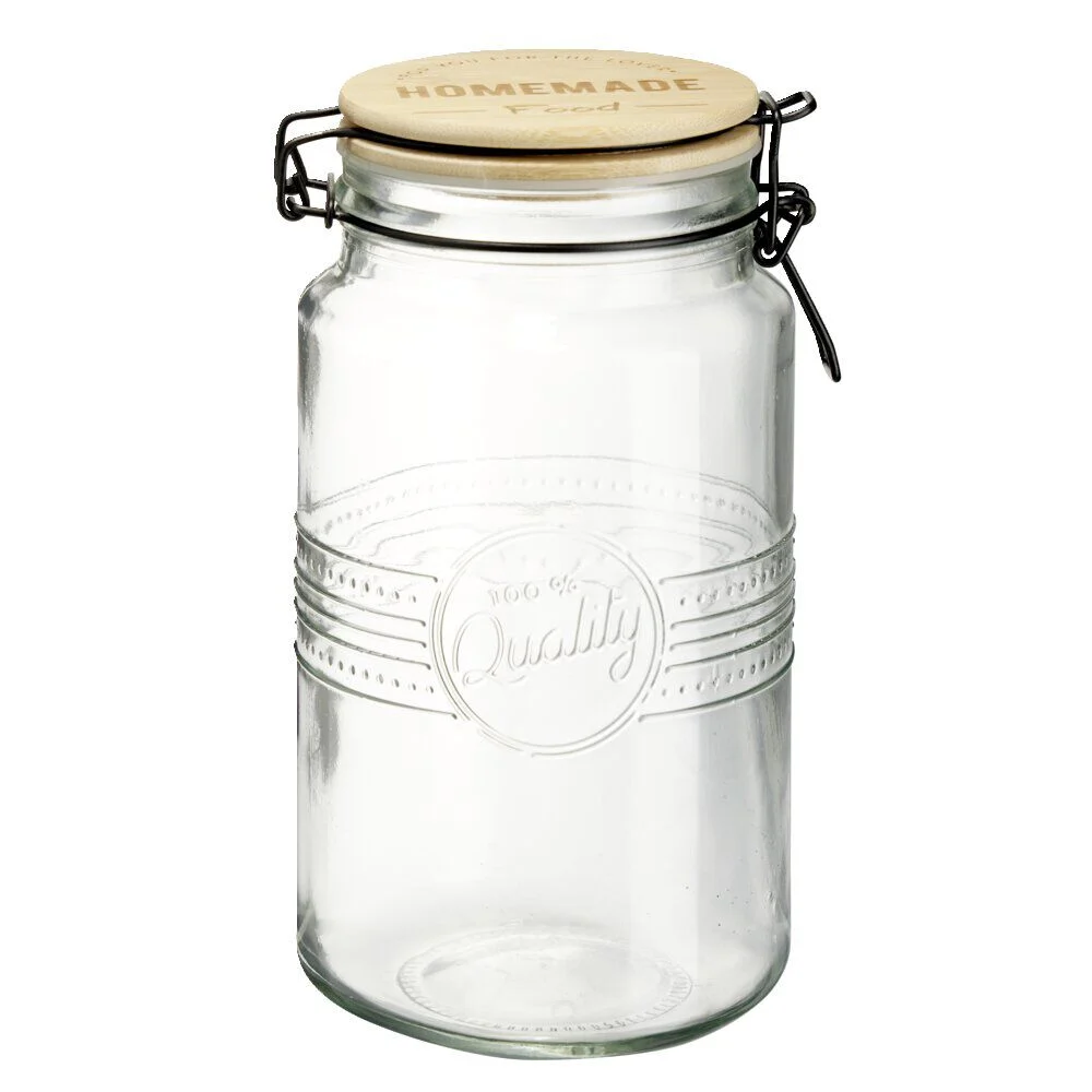 Bocal hermétique rond transparent avec couvercle en bambou H20 cm