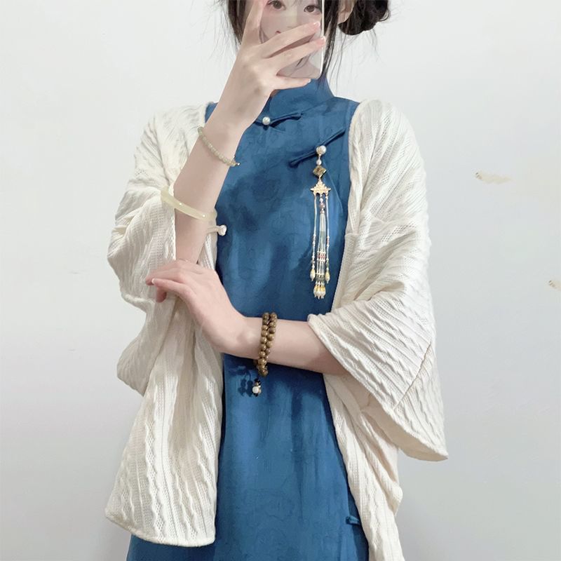 Gouden bloemen - Traditioneel Chinees Elleboog-Mouw Staande Kraag Jacquard Kikker Knoop Split Midi Schede Qipao