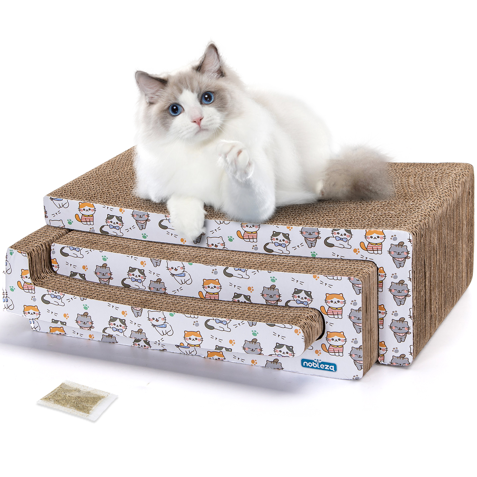 Arranhador de papelão 3 em 1 Nobleza para gatos com catnip, arranhador de papelão ondulado, arranhador para móveis, disponível em ambos os tamanhos.