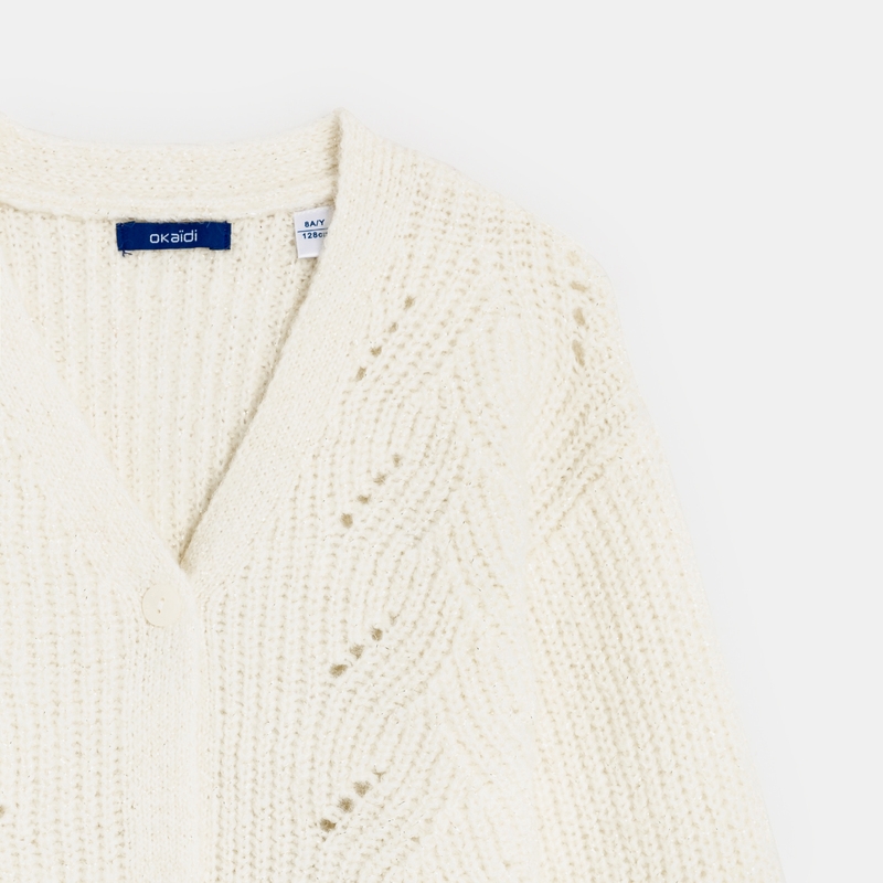 Gilet torsadé col V blanc fille