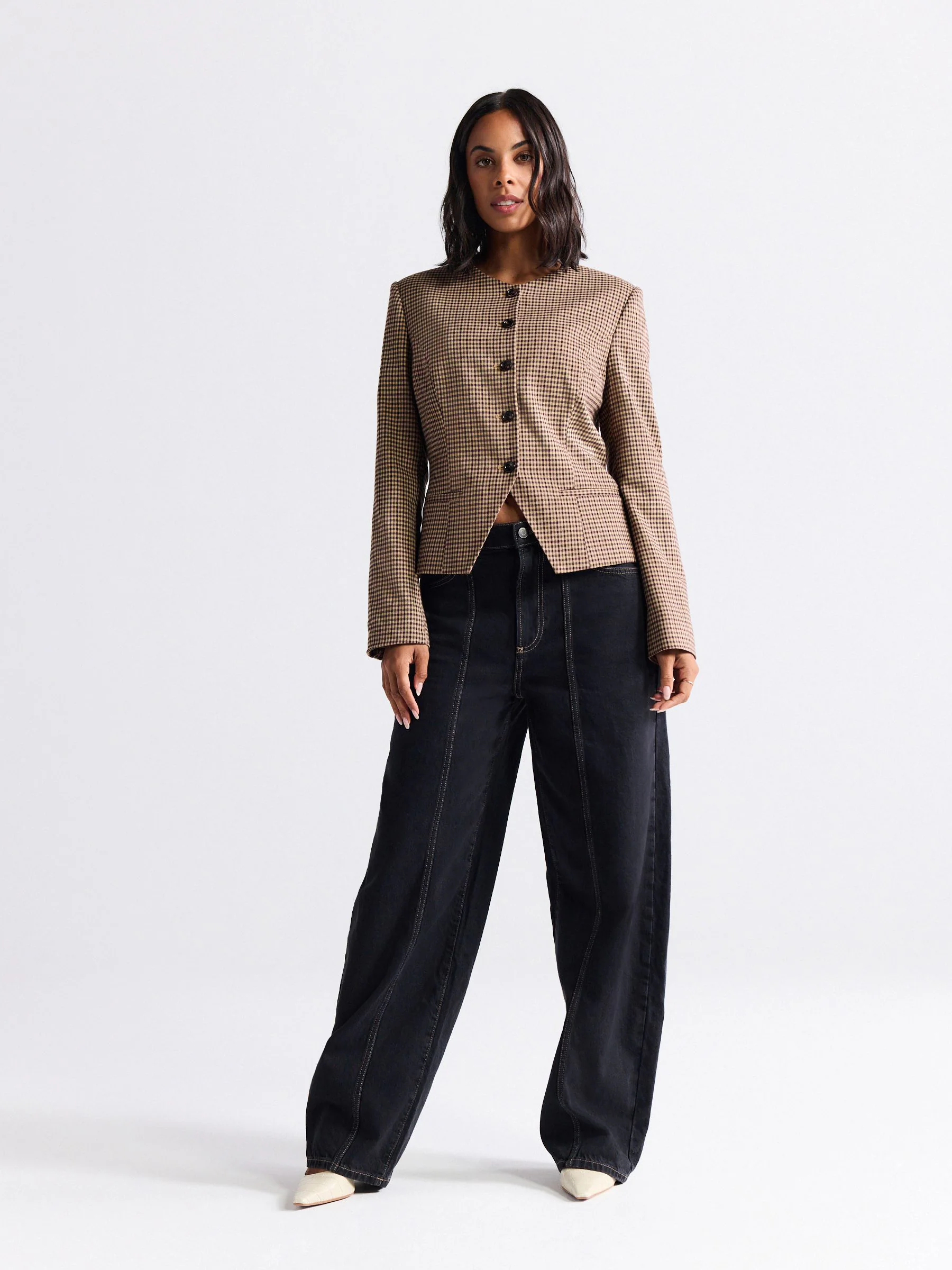 Bruin - Mini ruit blazer met Hoge hals