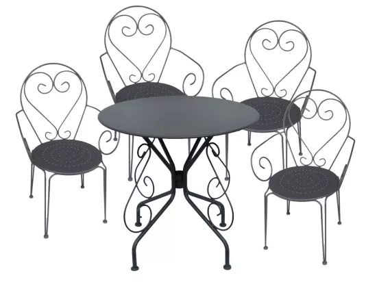 Salle à manger de jardin en métal façon fer forgé : une table et 4 fauteuils empilables - Anthracite - GUERMANTES de MYLIA