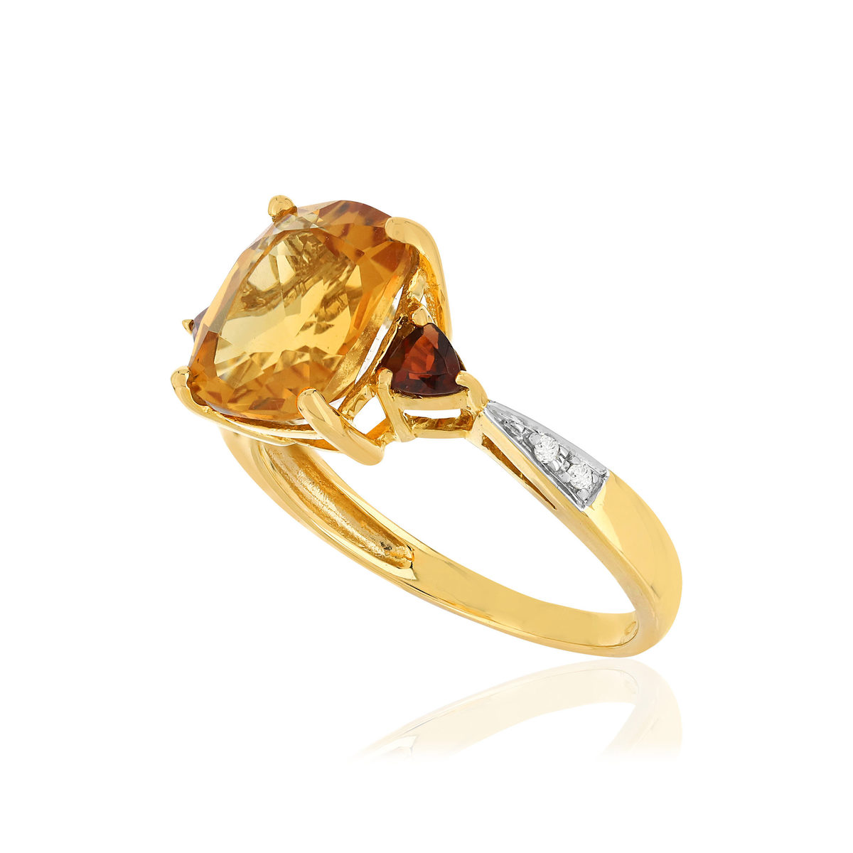 Bague or jaune 375, citrine, grenats, diamants.