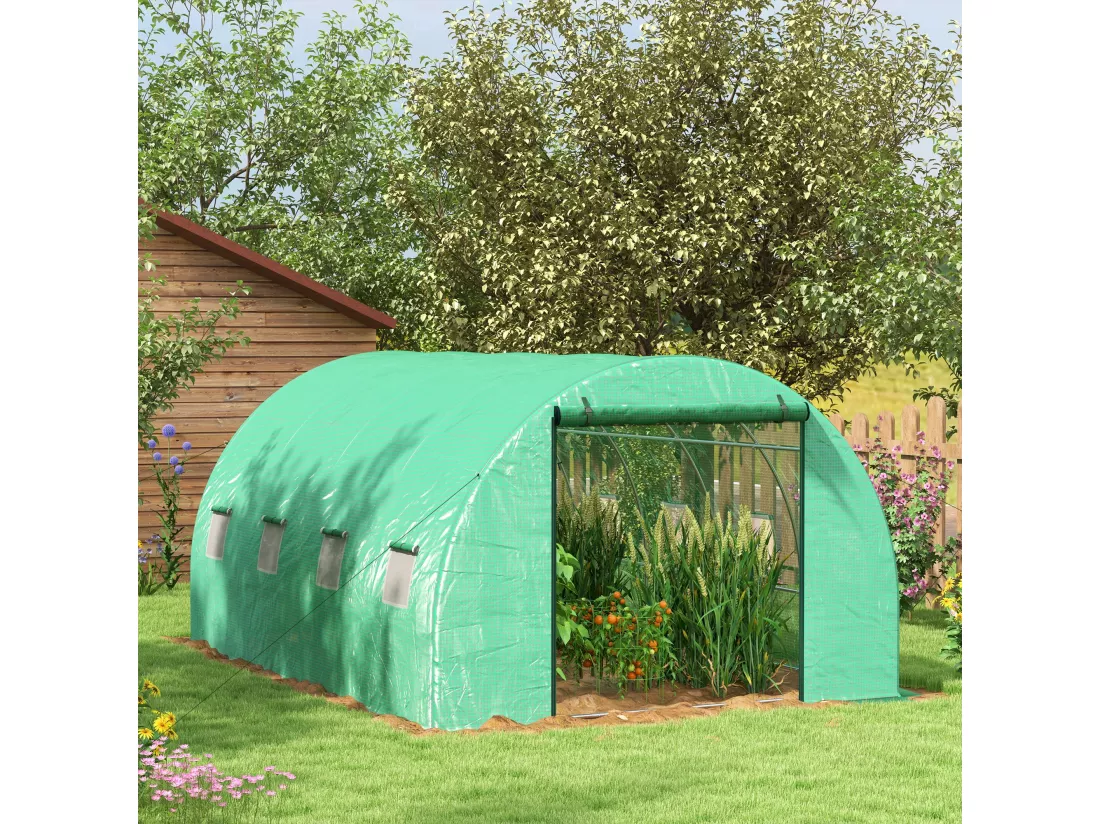 Serre de jardin tunnel 12 m² système d'arrosage intégré acier renforcé PE haute densité vert