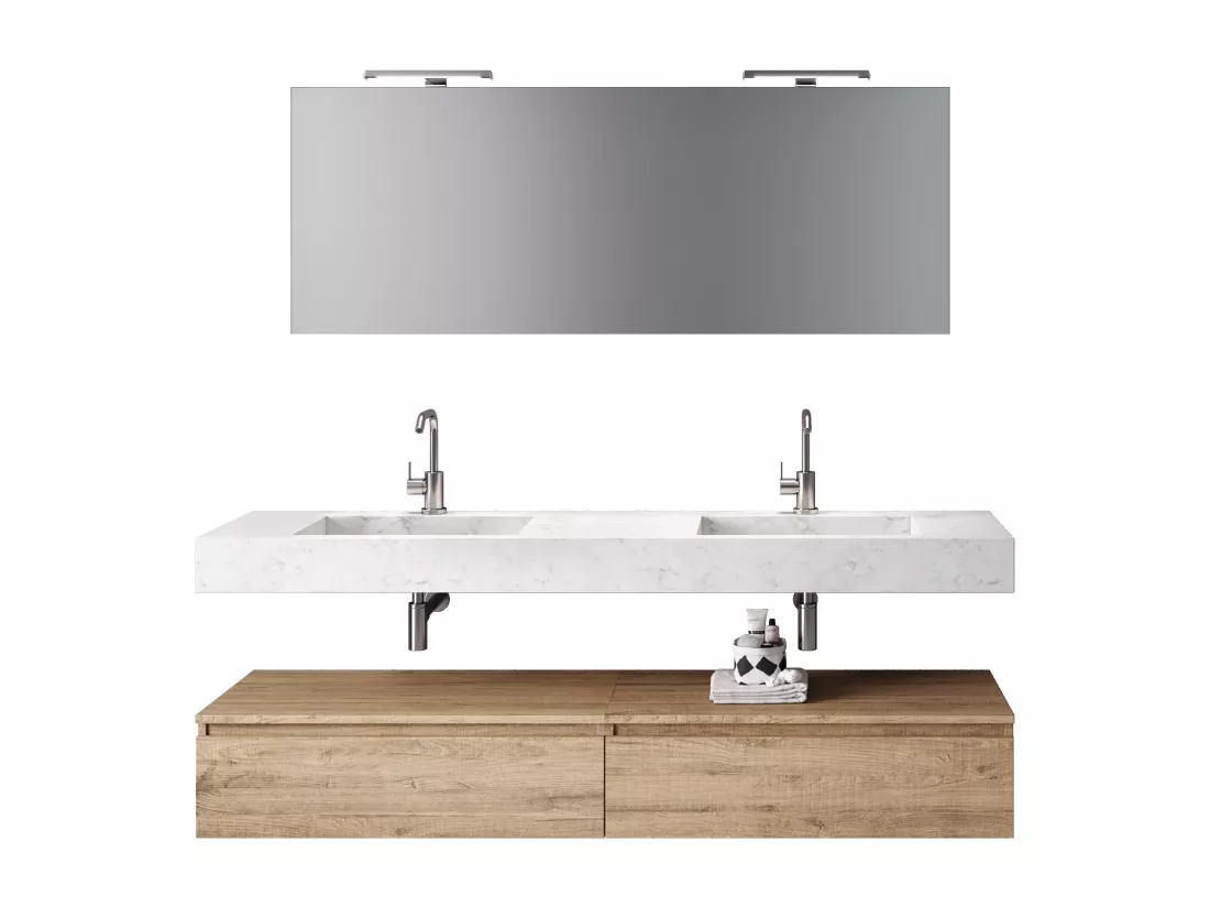 Ensemble de salle de bain 7 pièces ASTRA marbre carrara/chêne miel