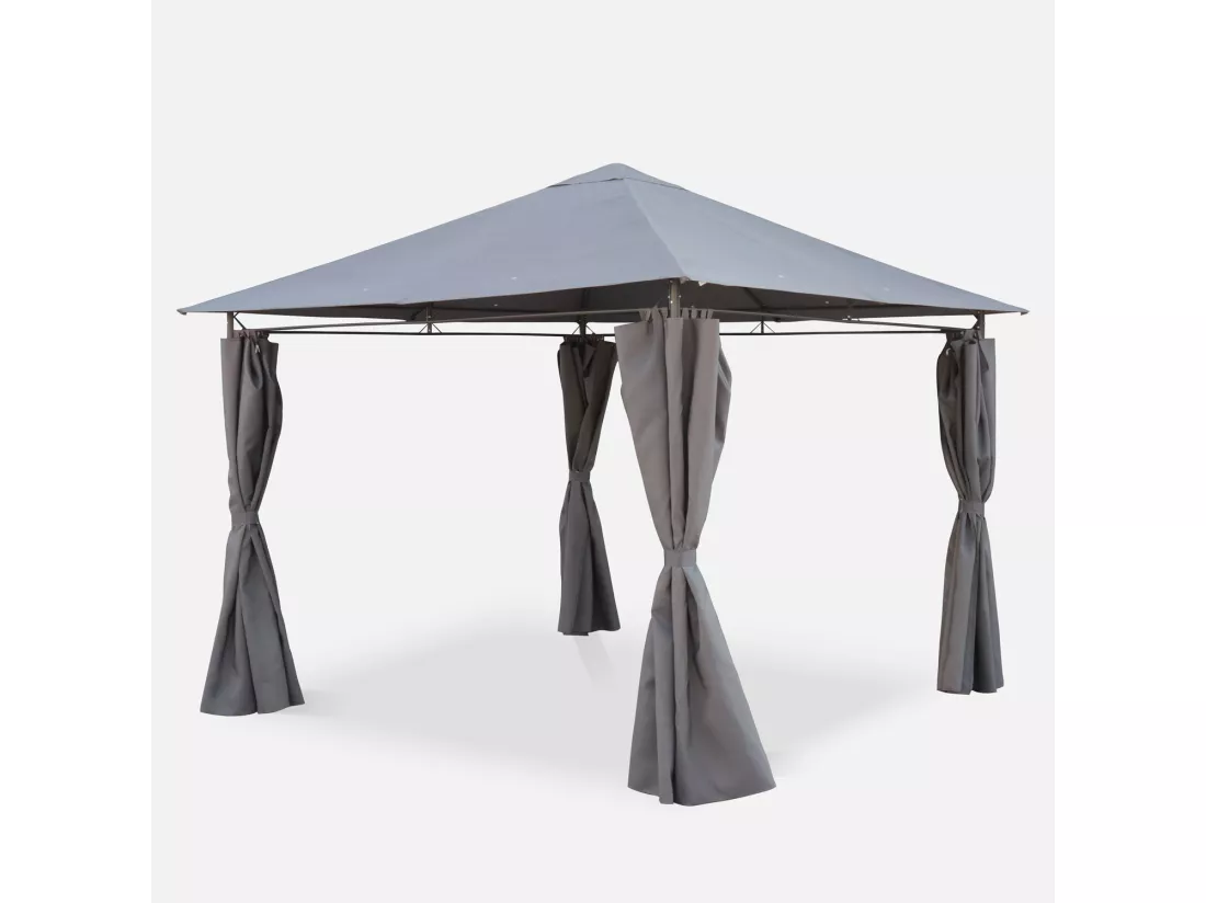 Tonnelle 3x3 m - Elusa - Toile grise - Pergola avec rideaux. tente de jardin. barnum. chapiteau. réception