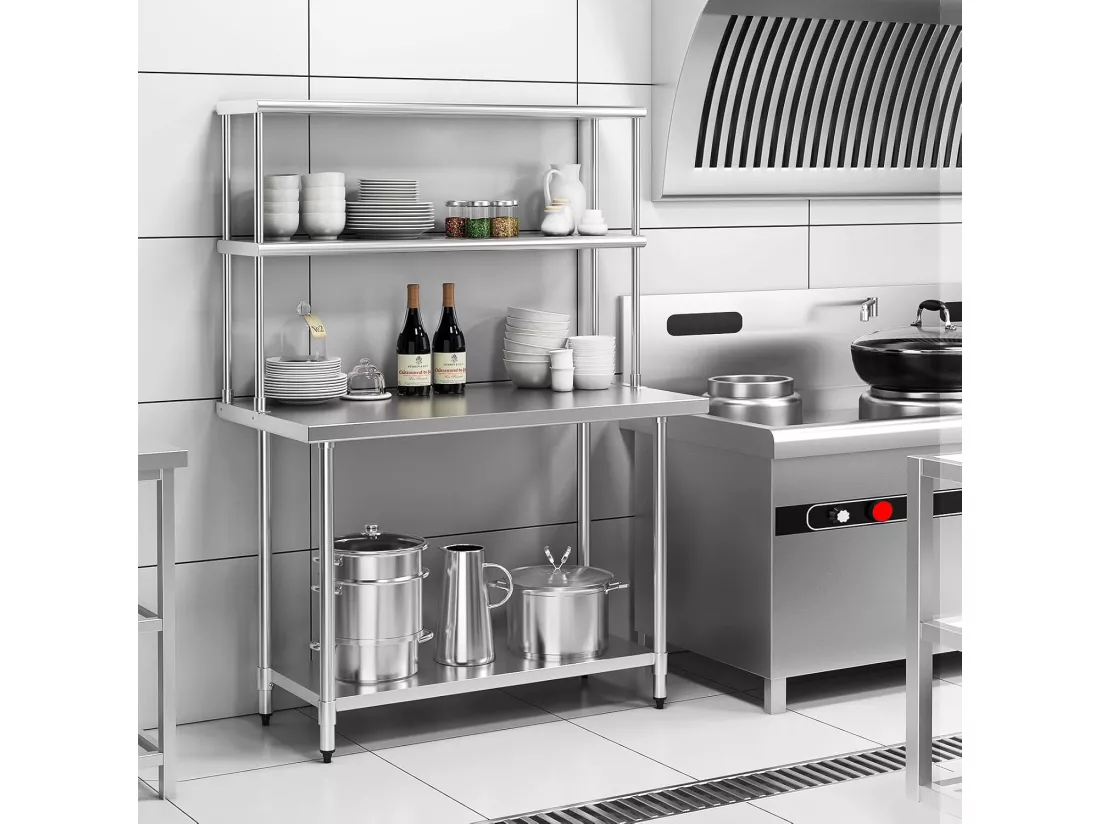Table de Travail Cuisine 61 x 122 x171 cm avec Étagère Supplémentaire à 2 Niveaux, Acier INOX, Plateau Inférieure Réglable, Charge 617 kg, pour Cuisine, Restaurant, Hôtel