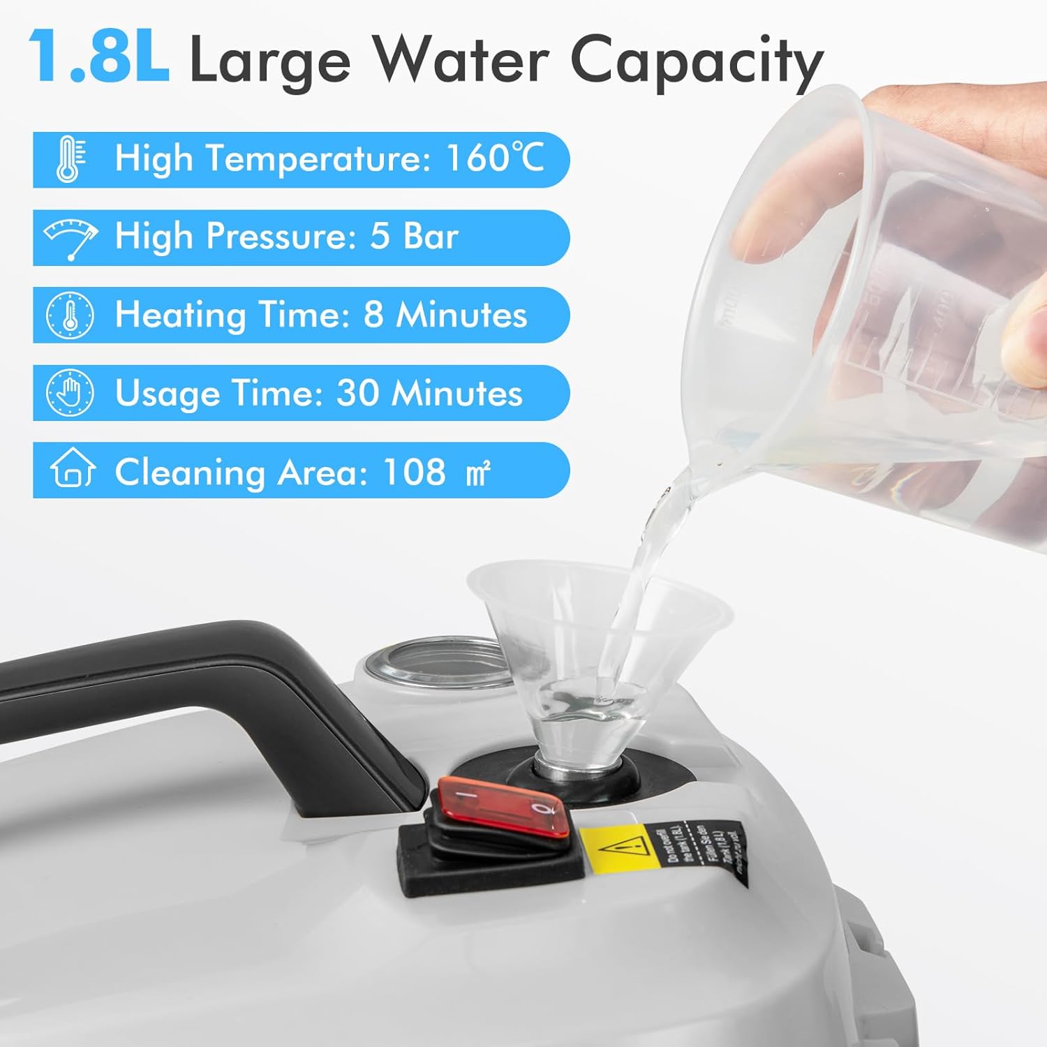 FANTASK Dampfreiniger 2000W, Steam Cleaner inkl. 13 Zubehör & 5m lange Netzkabel, Dampfdruck: max. 5 bar, Temperatur bis zu 160℃, Flächenleistung: 108 m², 1,8L Tank, Aufheizzeit: 8 Min. (Weiß)
