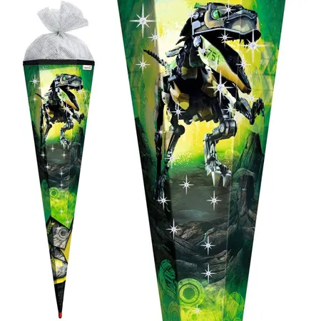 Roth Motiv-Schultüte, Robo-Rex, 85cm, eckig, Rot(h)-Spitze, Tüllverschluss, Folie & Silbertüll