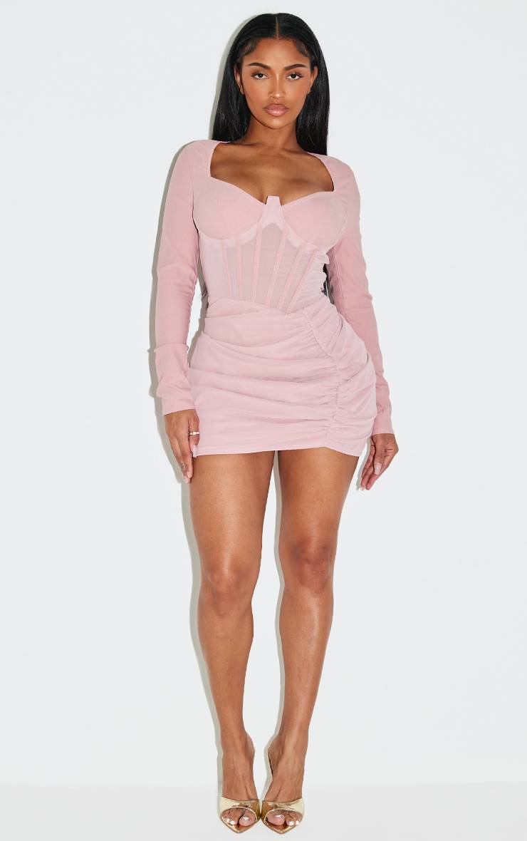 Rose Robe Moulante Mini À Empiècements Résille Avec Corset Et Fronces Latérales