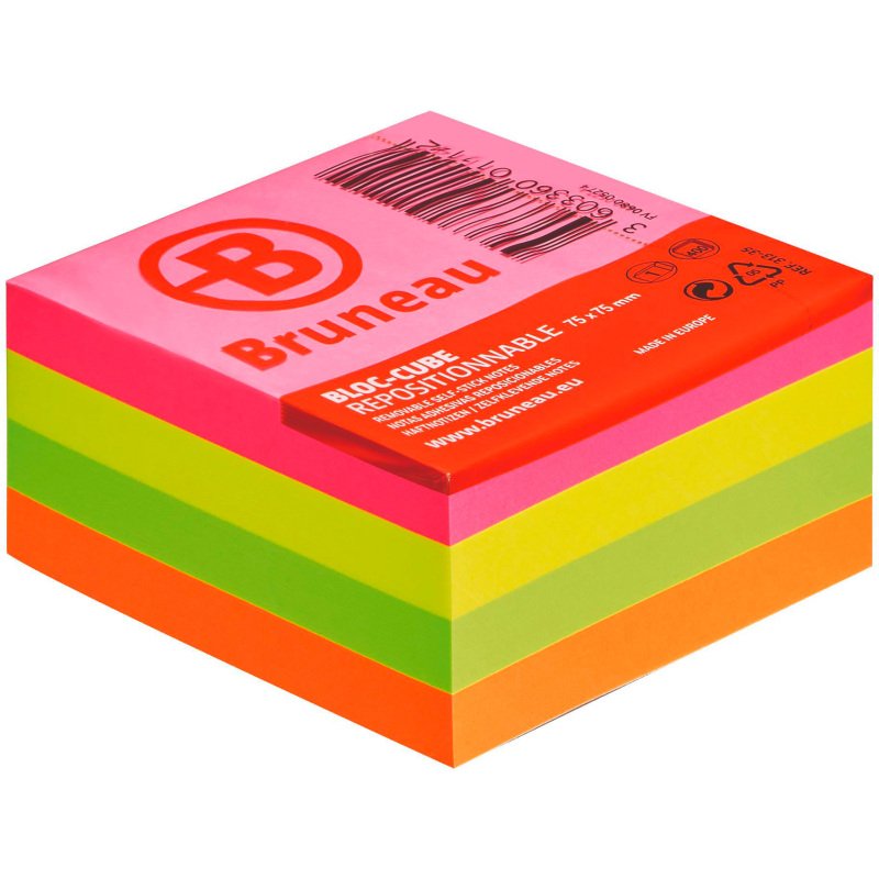 Bloc cube repositionnable Néon Bruneau 75 x 75 mm - bloc de 400 feuilles