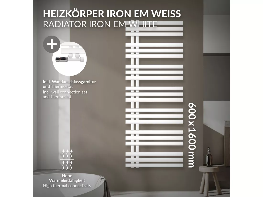 Radiateur de Salle de Bain Iron EM 600x1600 mm Blanc Raccord Central au Bas avec Garniture