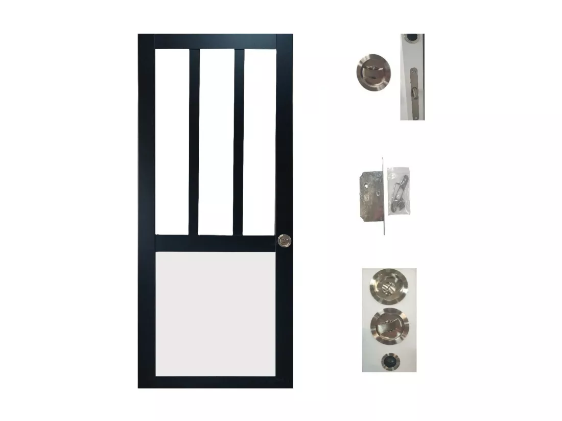 Porte Coulissante Atelier Noir Et Panneau Blanc Vitree H204 X L73 + Serrure à Condamnation Gd Menuiseries