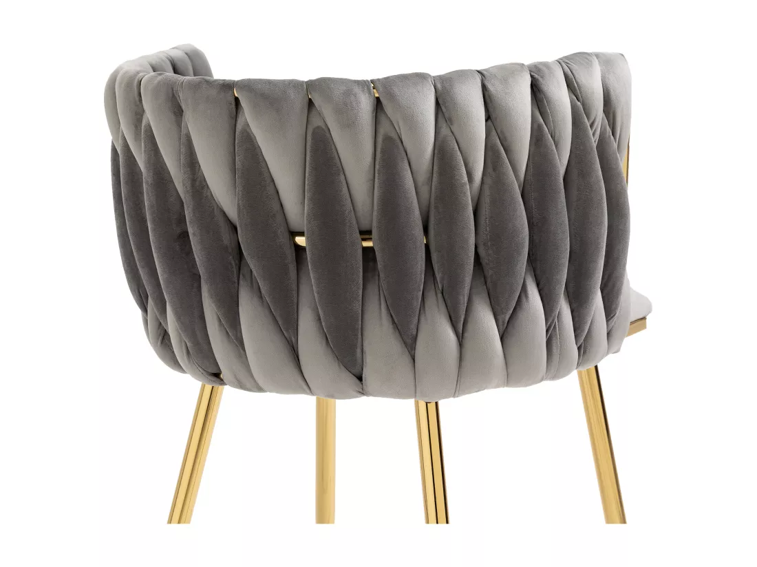 Lot de 2 Chaises de salle à manger luxueuses en velours, avec dossier tissé, pieds en métal, design moderne plaqué or, adaptées pour le salon et la chambre à coucher – Gris