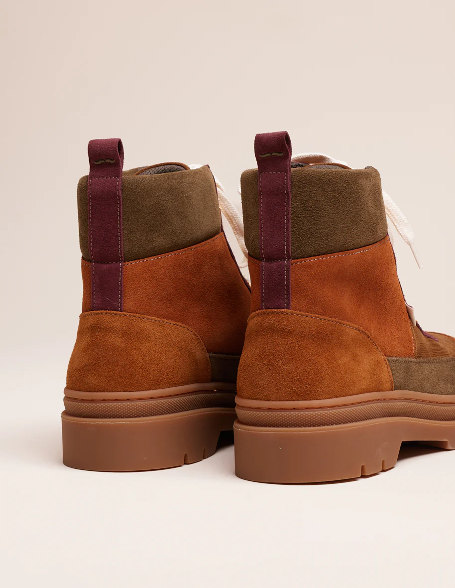 Bottines à lacets Joelle - Suède et velours cognac bordeaux