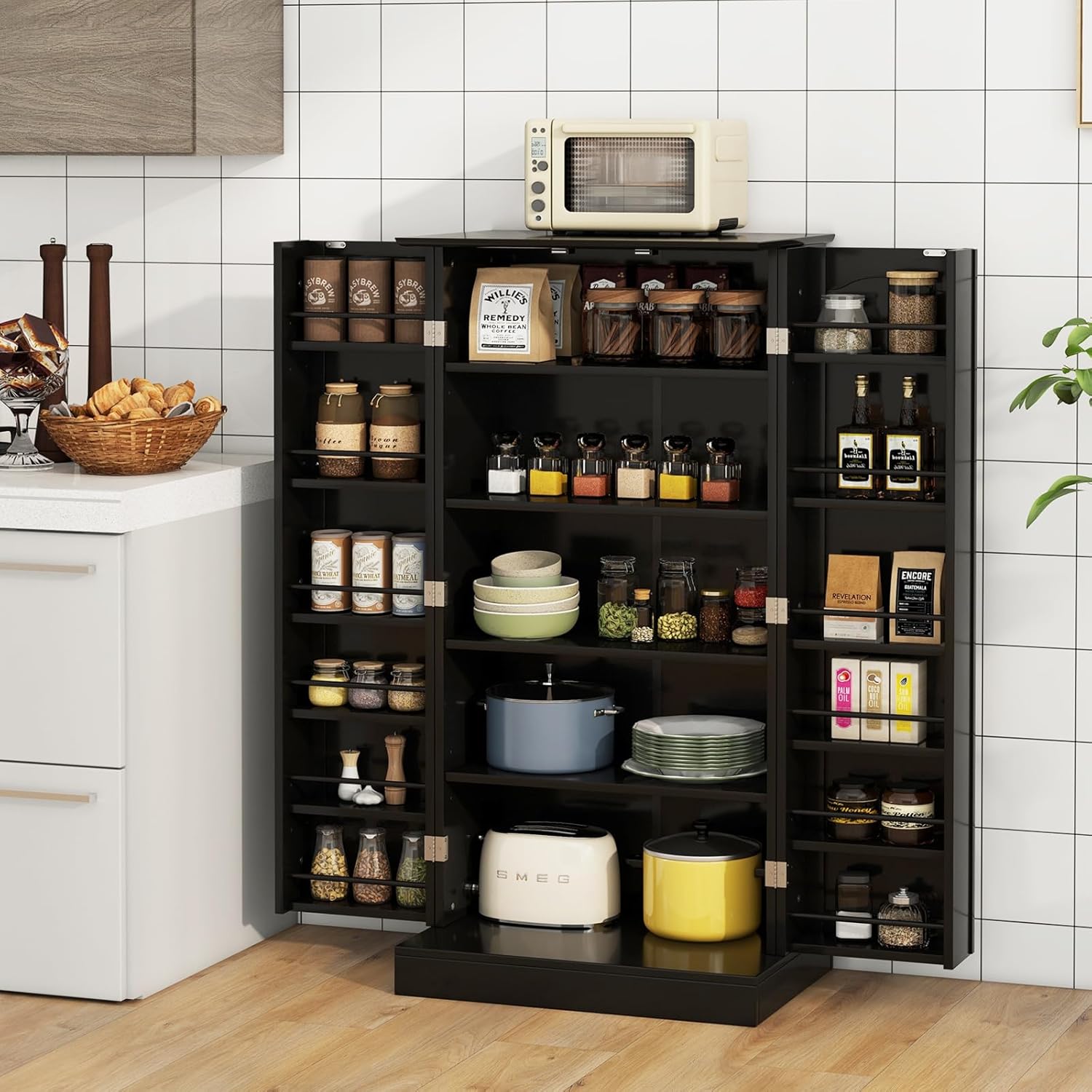 KOMFOTTEU Vorratsschrank mit Doppeltür, Aufbewahrungsschrank mit verstellbaren Einlegeböden, Mehrzweckschrank Süßigkeitenschrank, Küchenanrichte für Esszimmer, 60x40x120 cm (Schwarz)