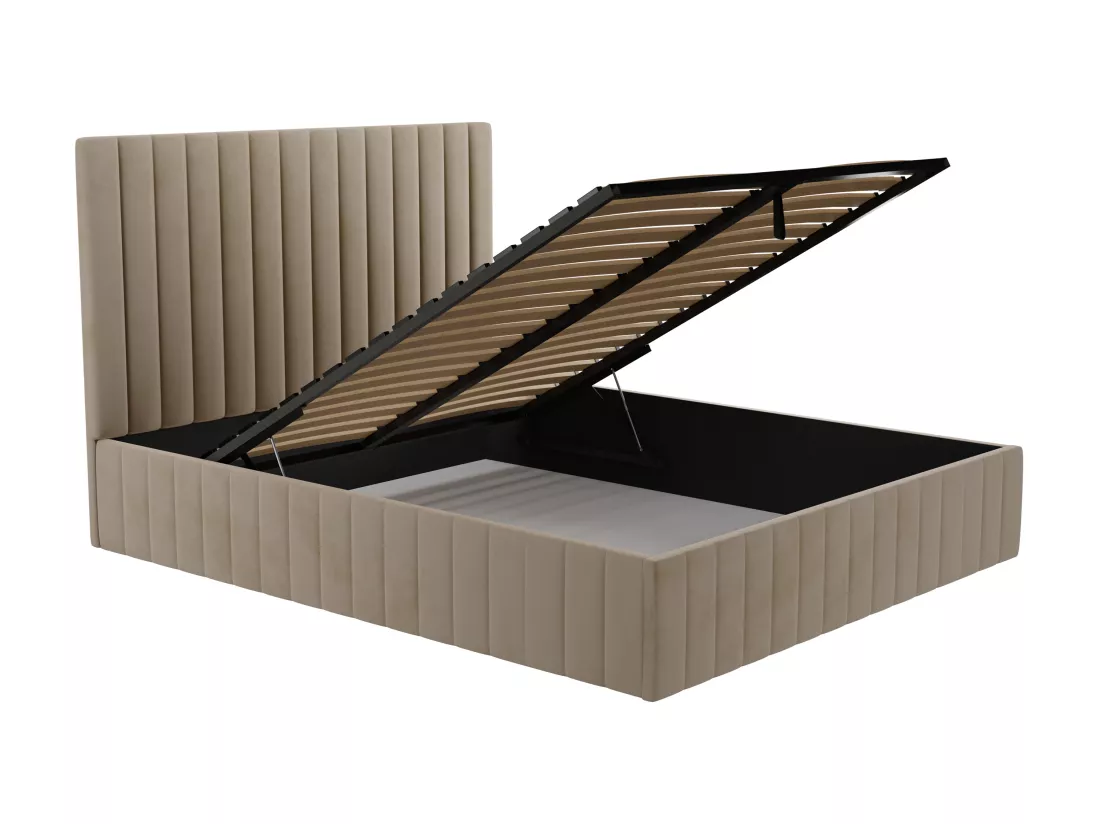 Lit coffre 180 x 200 cm avec tête de lit coutures verticales - Velours - Taupe - LARALI de Pascal Morabito