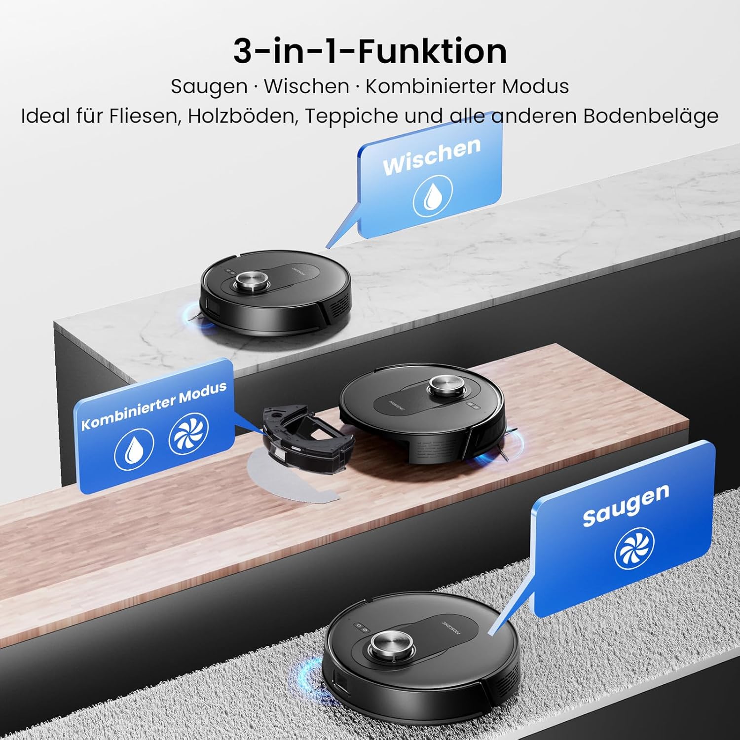 Proscenic Q8 Max+ Saugroboter mit Wischfunktion, 8000Pa 200min Staubsauger Roboter mit 3L Staubbeutel, Lidar-Navigation, intelligente Hindernisvermeidung, App Sprachsteuerung, für Hartböden Teppiche