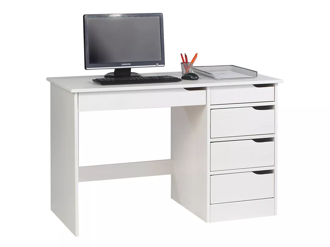 Bureau HUGO avec rangement 5 tiroirs style scandinave en pin massif lasuré blanc