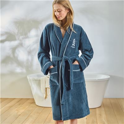 Peignoir velours brodé style marin - 380 g/m²