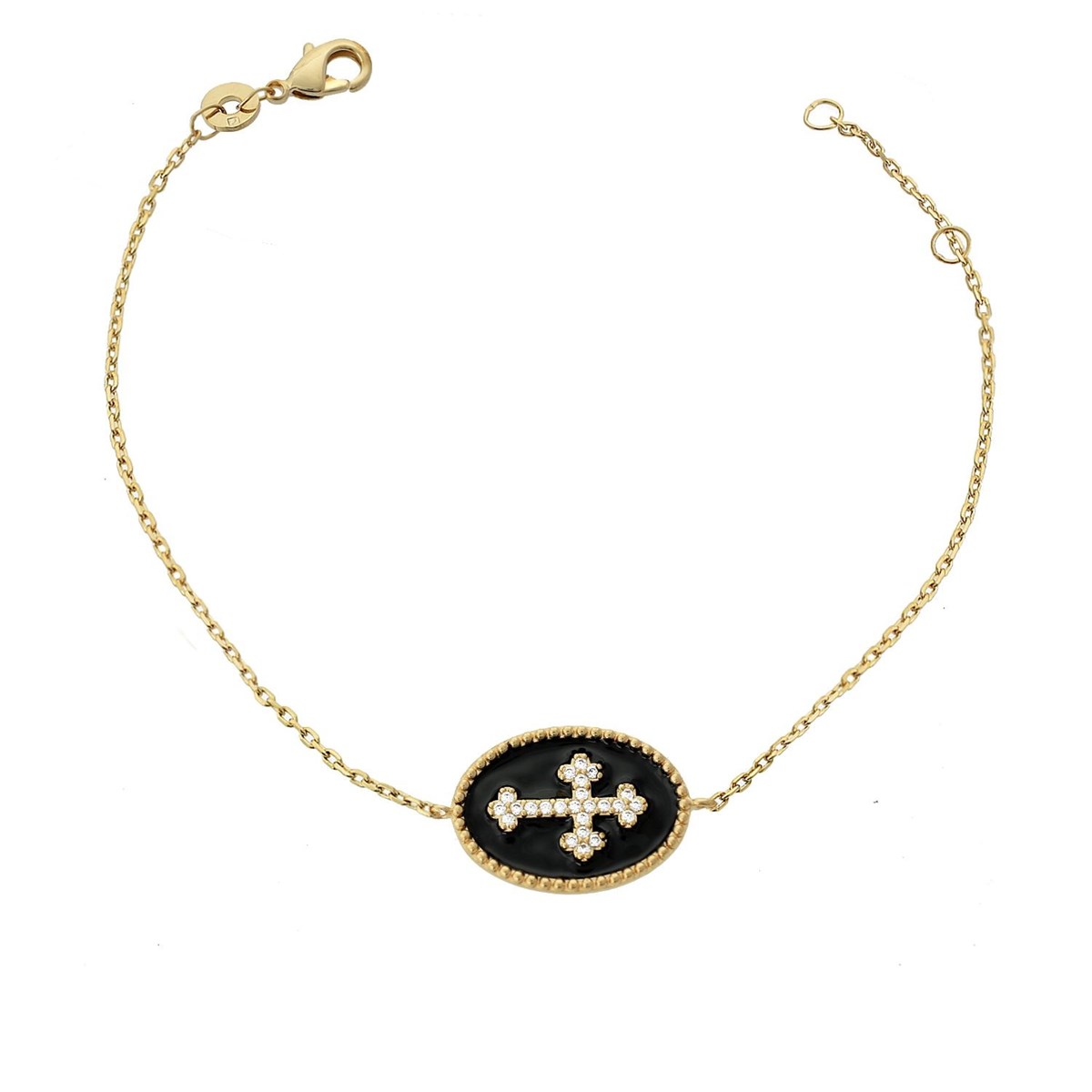 Bracelet croix fleur de lys sertie d'oxyde de zirconium émail noir Plaqué OR 750 3 microns
