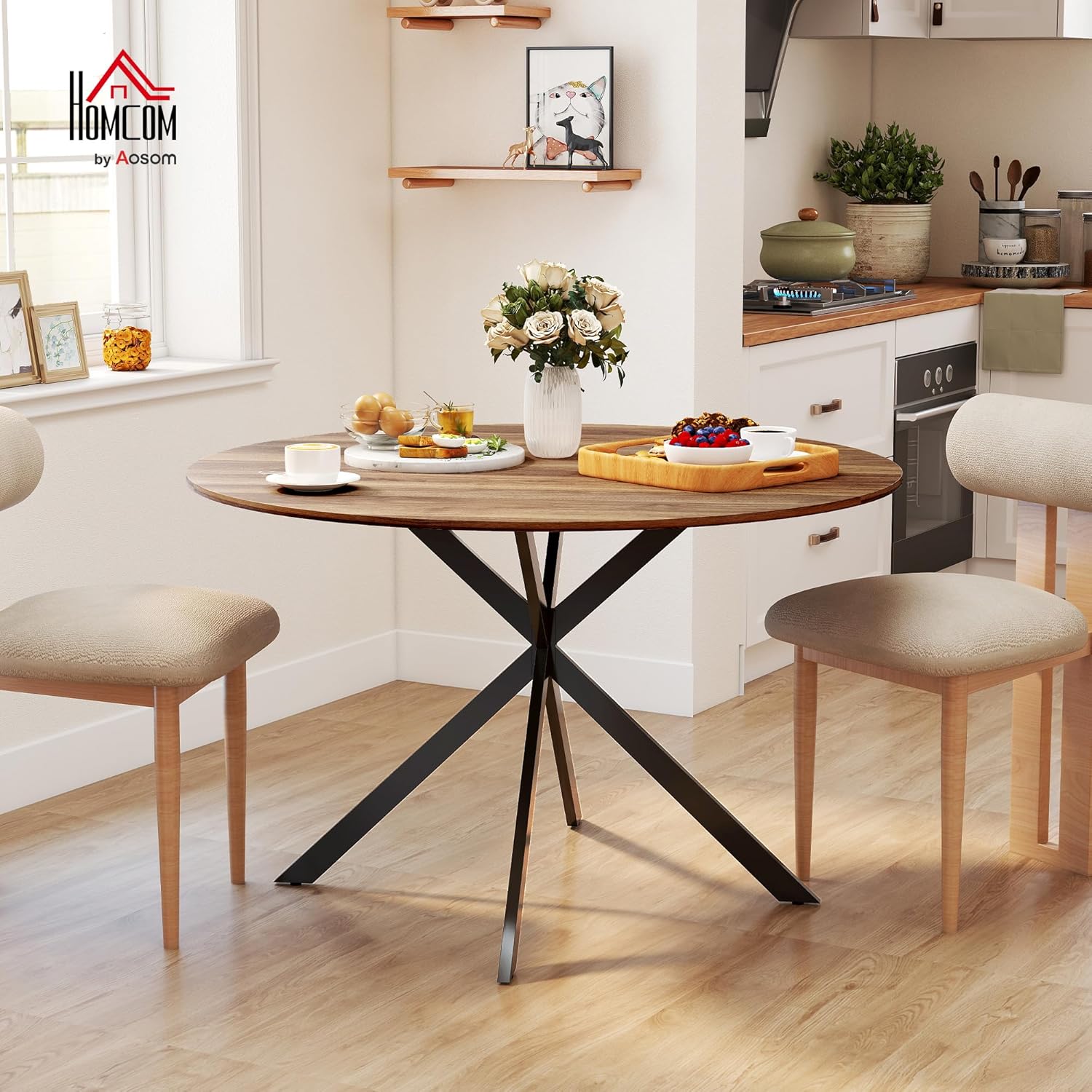 HOMCOM Runder Esstisch für 4 Personen, Ø120 cm Küchentisch im Industriestil mit Stahlbeinen, für Esszimmer, Küche, Homeoffice, Dunkelbraun