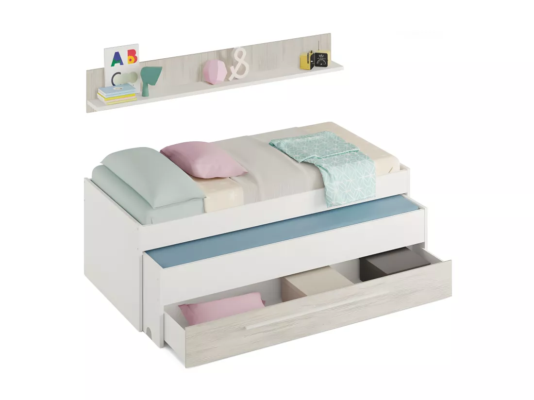 Lit et étagère aggloméré blanc sans sommiers et matelas 65x199x96cm