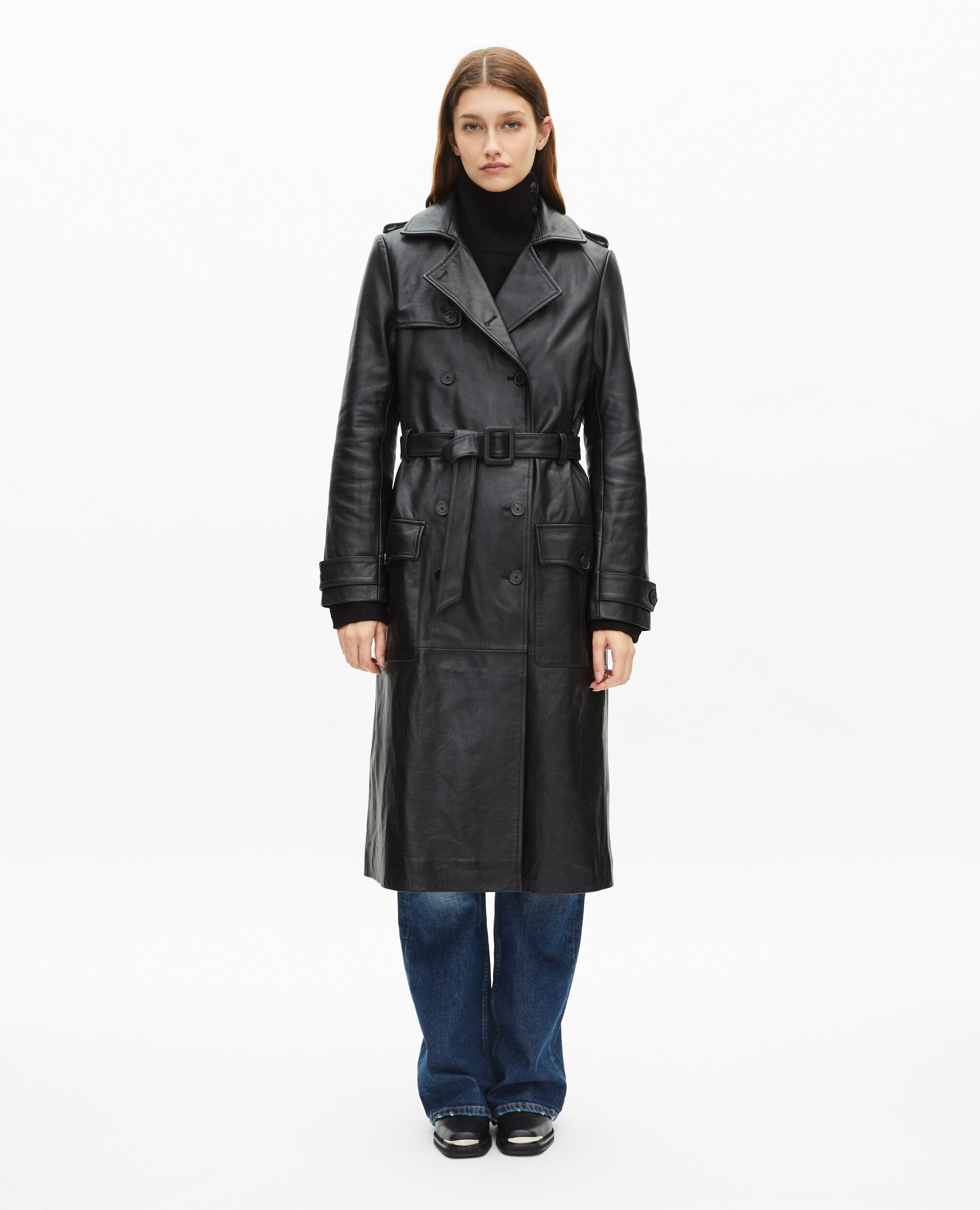Trench long en cuir noir