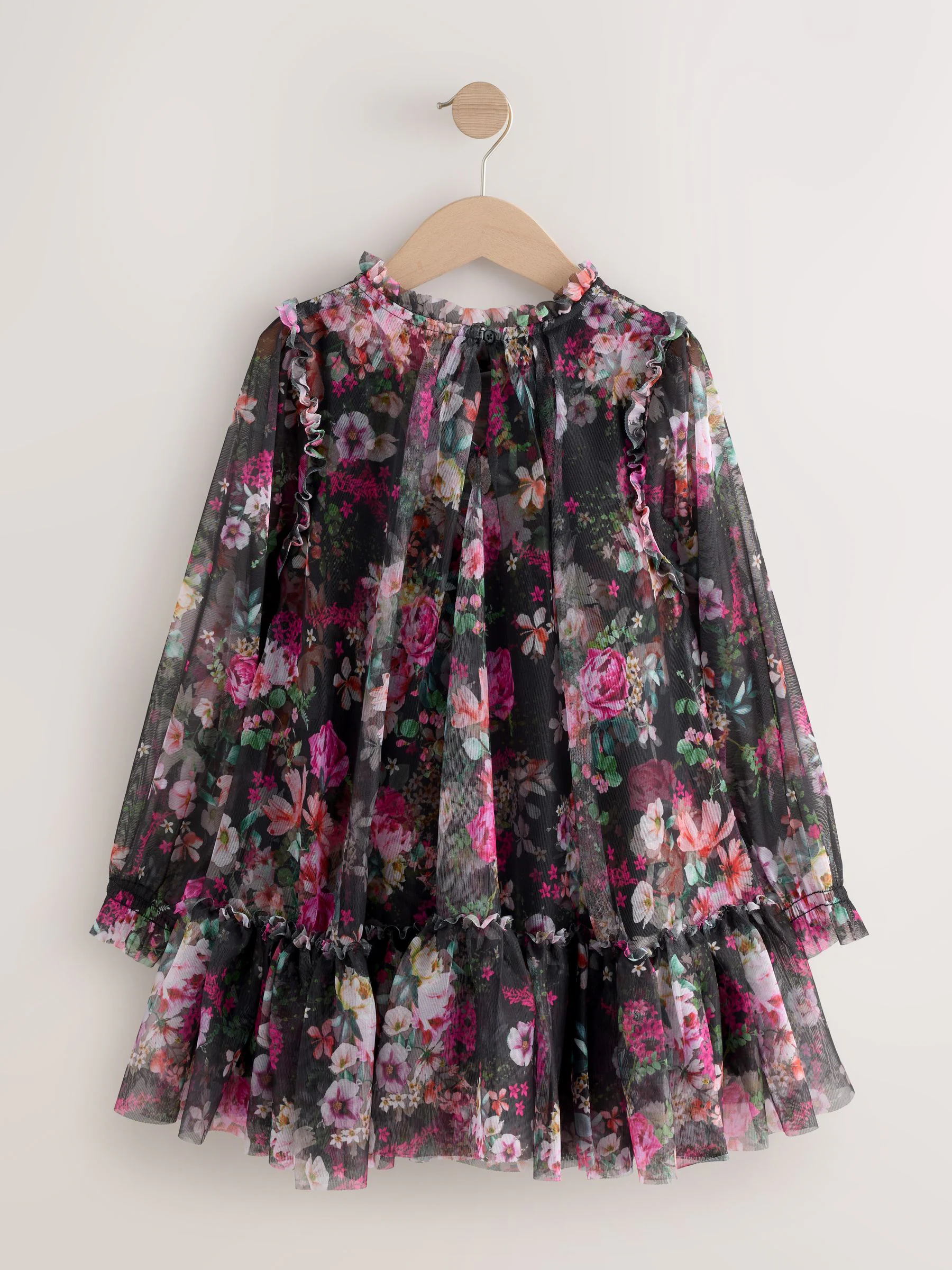 Zwart bloemenprint - Feestjurk van mesh met lange mouwen (3-16jr)
