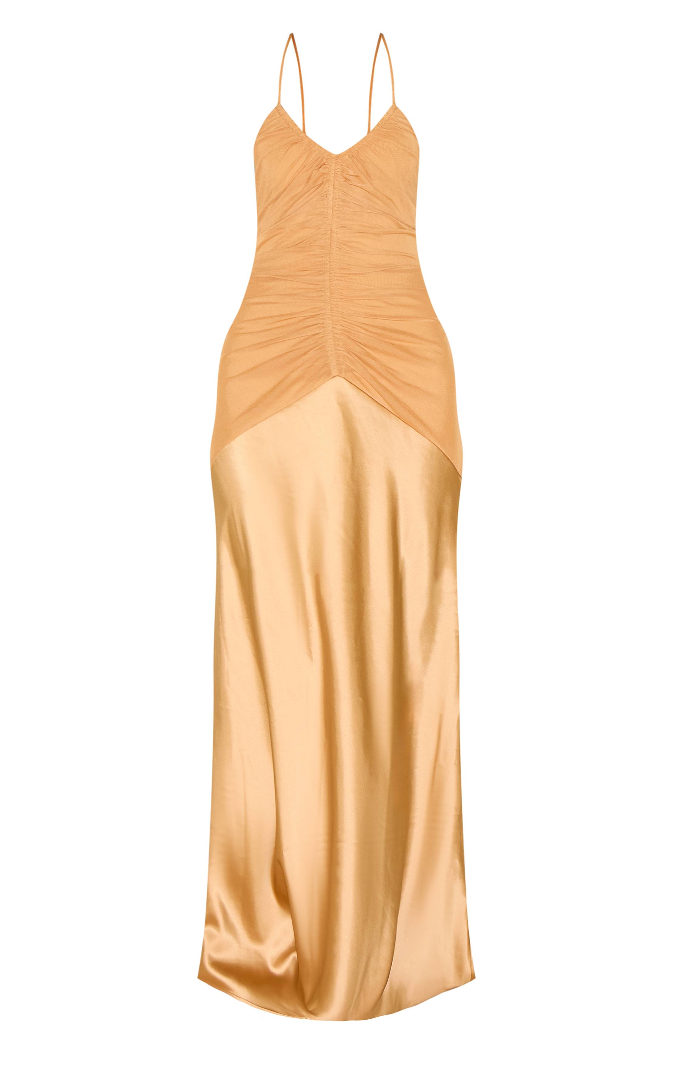 Moutarde Robe Longue Nuisette En Satin À Détails Froncés