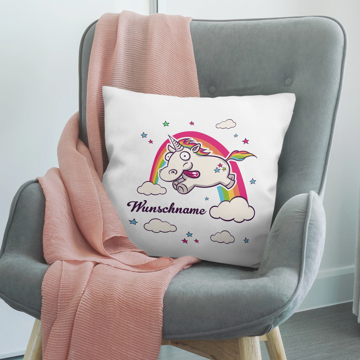 Personalisiertes Kissen, weiß (Motiv: Einhorn)
