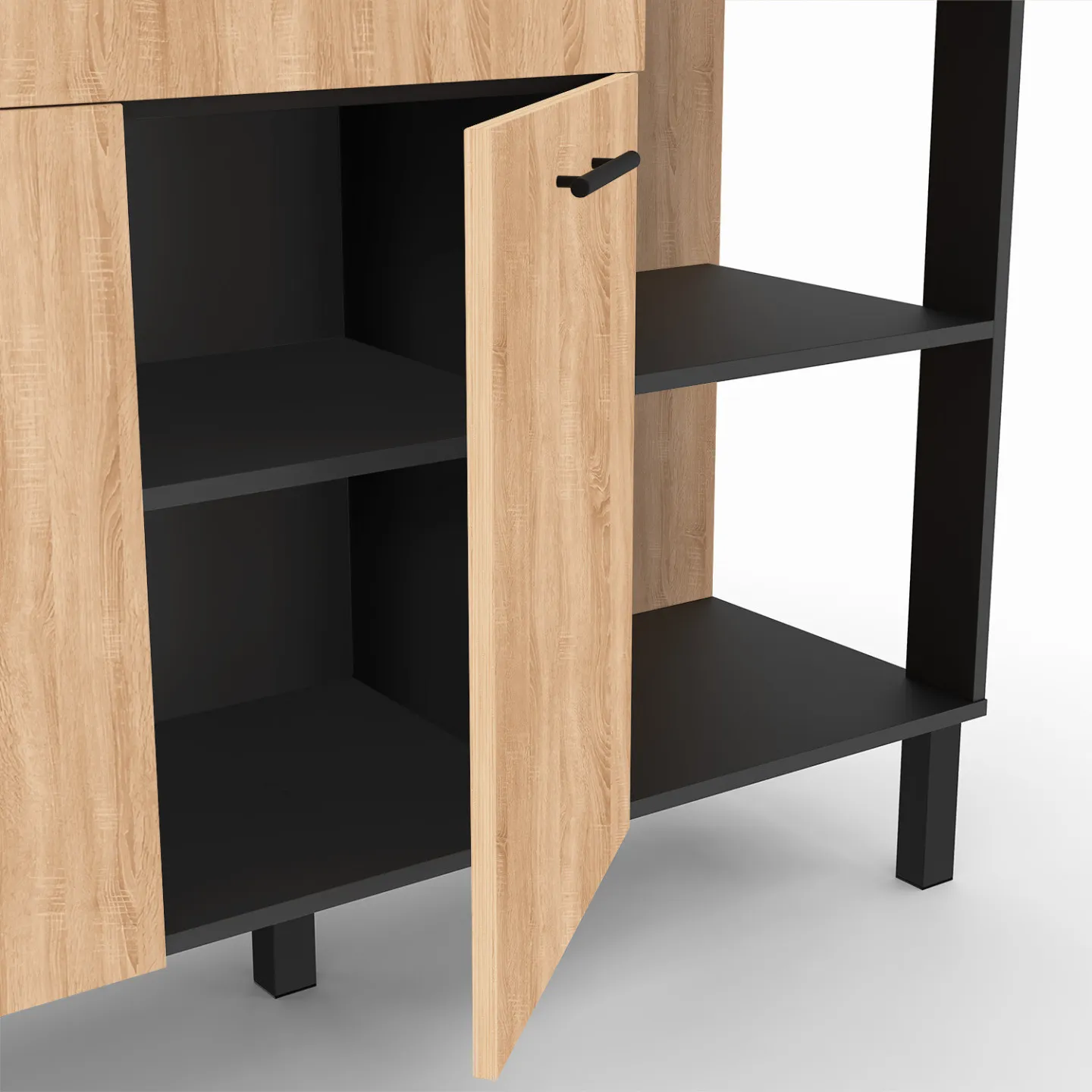 Buffet bas de cuisine 120 cm CINA plan de travail H.83 cm 2 portes + tiroir noir et façon hêtre