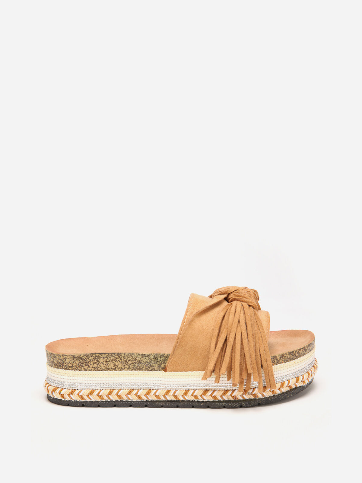 Mules à motif ethnique avec noeud et pompon- Camel