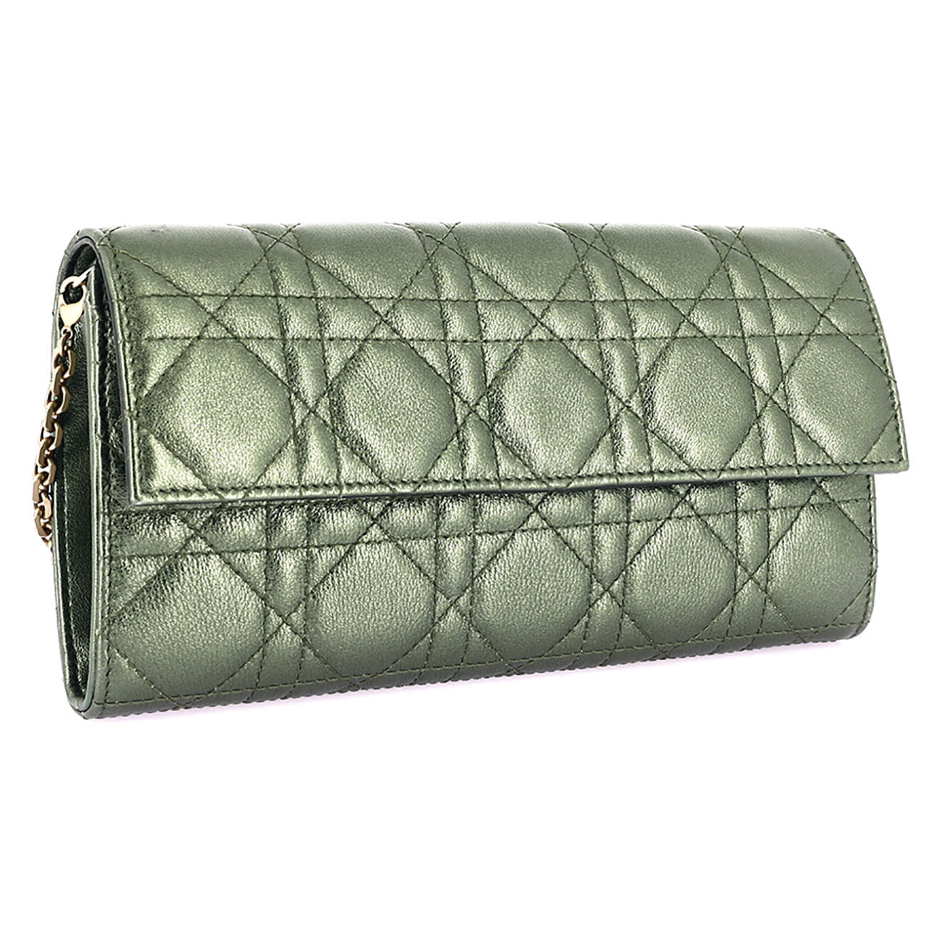 Dior Sac à bandoulière Lady Wallet on chain en Cuir irisé kaki irrisé - Très bon état - L.21 cm