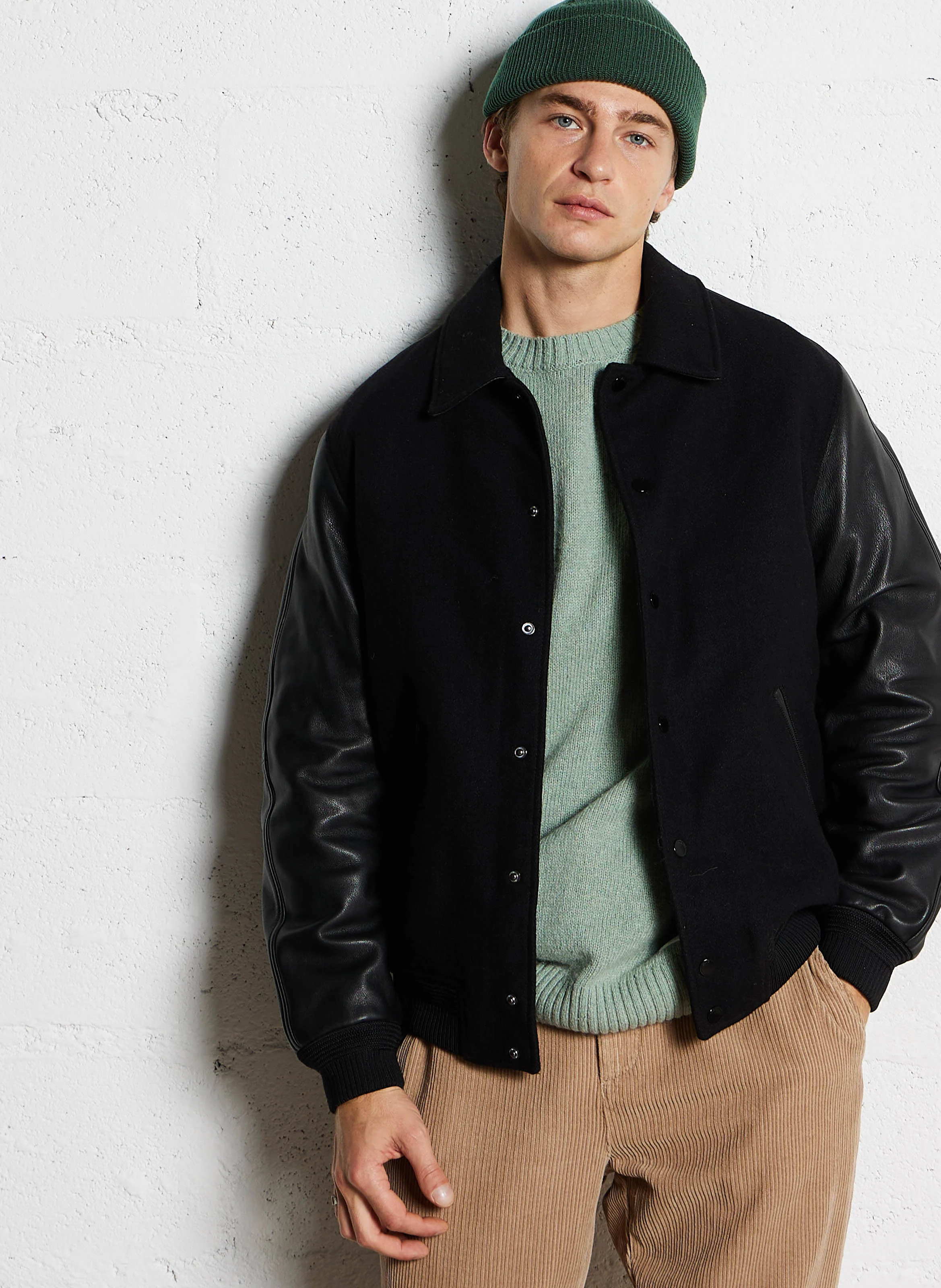 Blouson col classique ample en laine mélangée | Noir