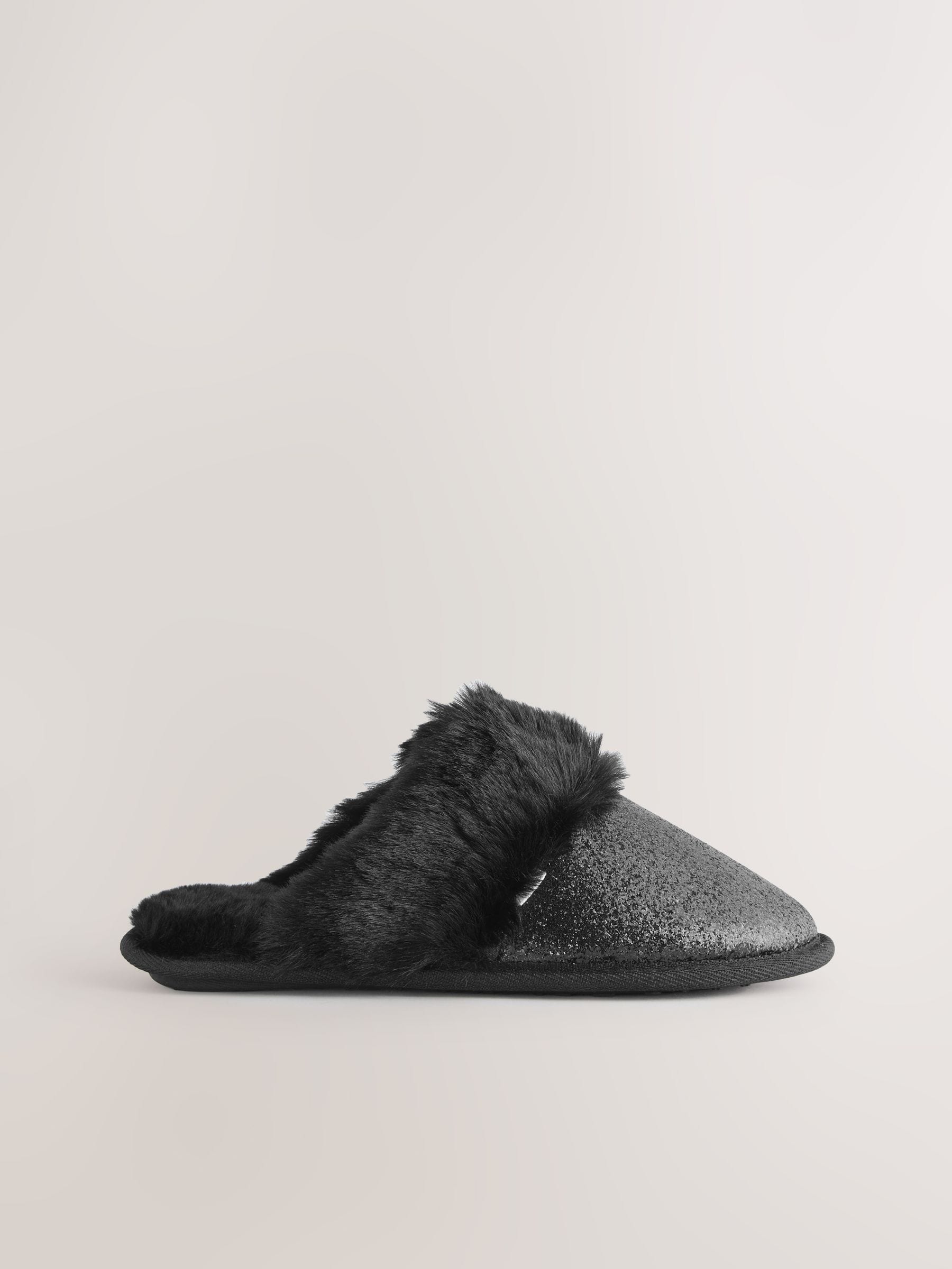 Zwart - Faux Fur Glitter Mule Slippers